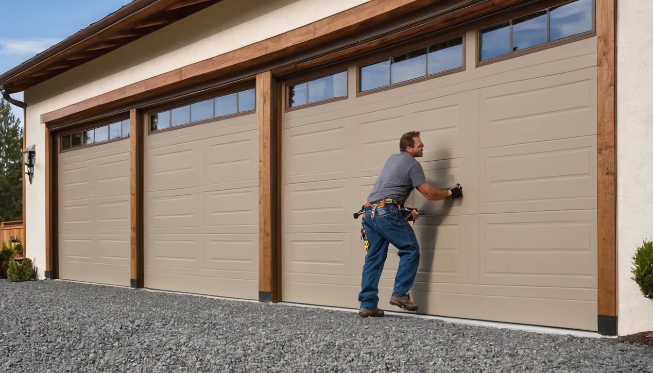 Friendly garage door provider checking a newly installed door at a home in Aurora