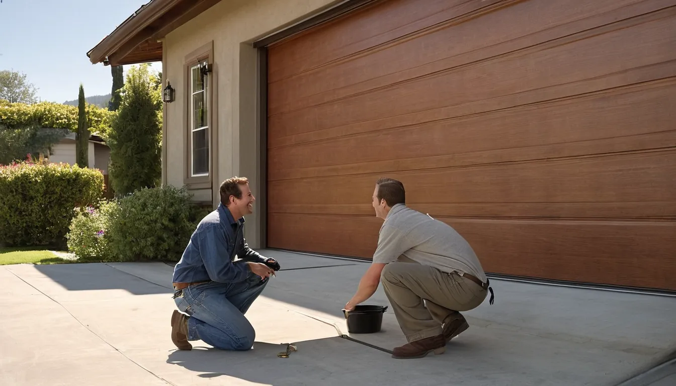 A local garage door provider checking the springs and track of a home garage door in Aurora